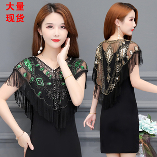 配裙子罩衫 短款 夏季 薄款 洋气流苏蕾丝网纱亮片小披肩女 外搭小开衫