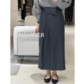不规则气质a字长裙简约日系小个子开衩秋季 翻边女通勤半身裙子