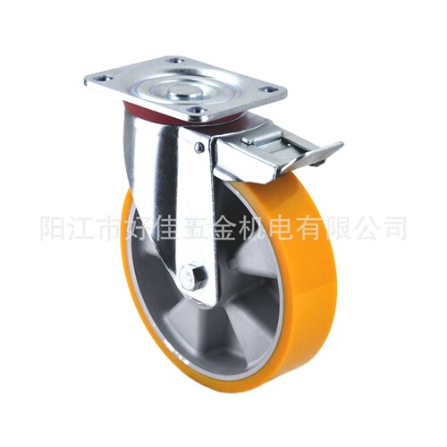 源头工厂直供200X50mm超重型欧洲款平板双刹铝芯聚氨脂PU脚轮
