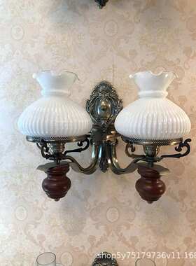 双头白色条纹玻璃优雅欧式床头壁灯背景墙过道灯复古实木厂家