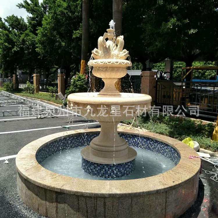 流水欧式喷泉黄锈石户外石雕水钵大型水景观庭院装饰摆件花盆石盘