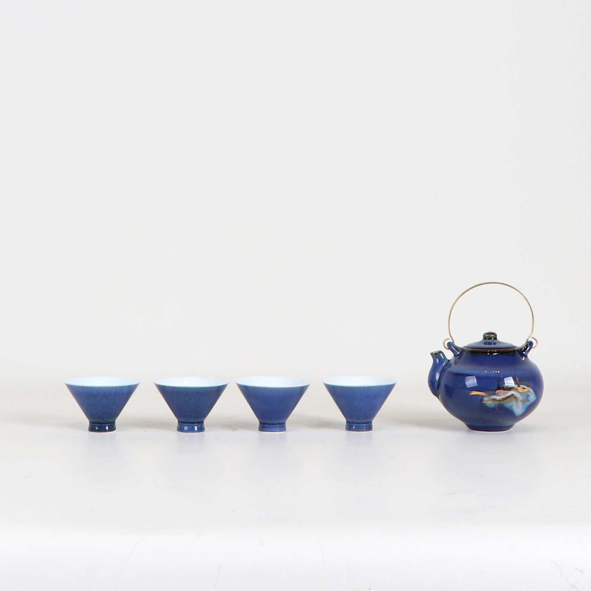 新中式禅意陶瓷蓝色提梁壶茶具套装摆件茶室售楼处展厅大堂装饰品