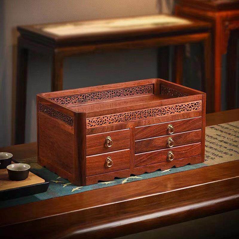 缅甸花梨茶盒中式复古茶饼盒大果紫檀普洱茶盒客厅茶几实木收纳盒