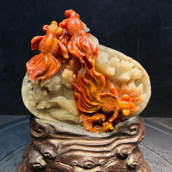 福建寿山石年年有余摆件满结晶体浮雕俏色家居客厅装饰摆设原石