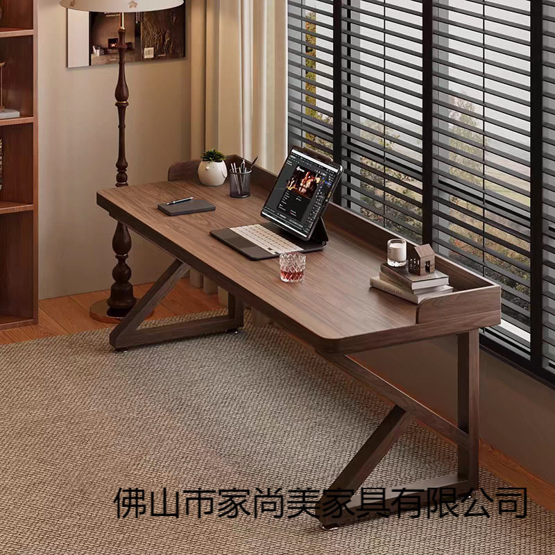 全实木双人书桌加挡板台式电脑桌长条电竟床边桌子家用简约学习桌