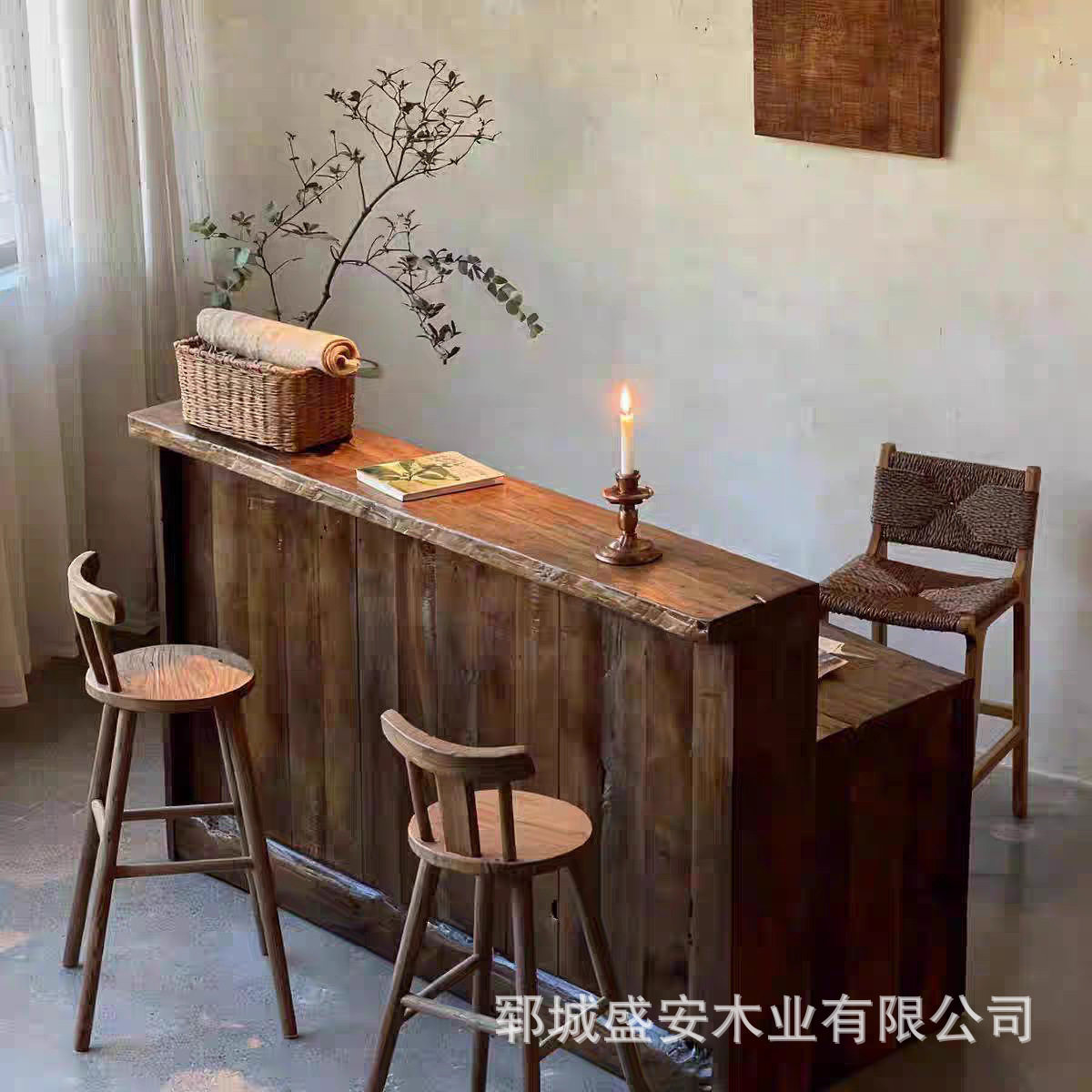 侘寂风实木前台老榆木餐厅收银台民宿酒店接待桌咖啡吧台桌椅组合