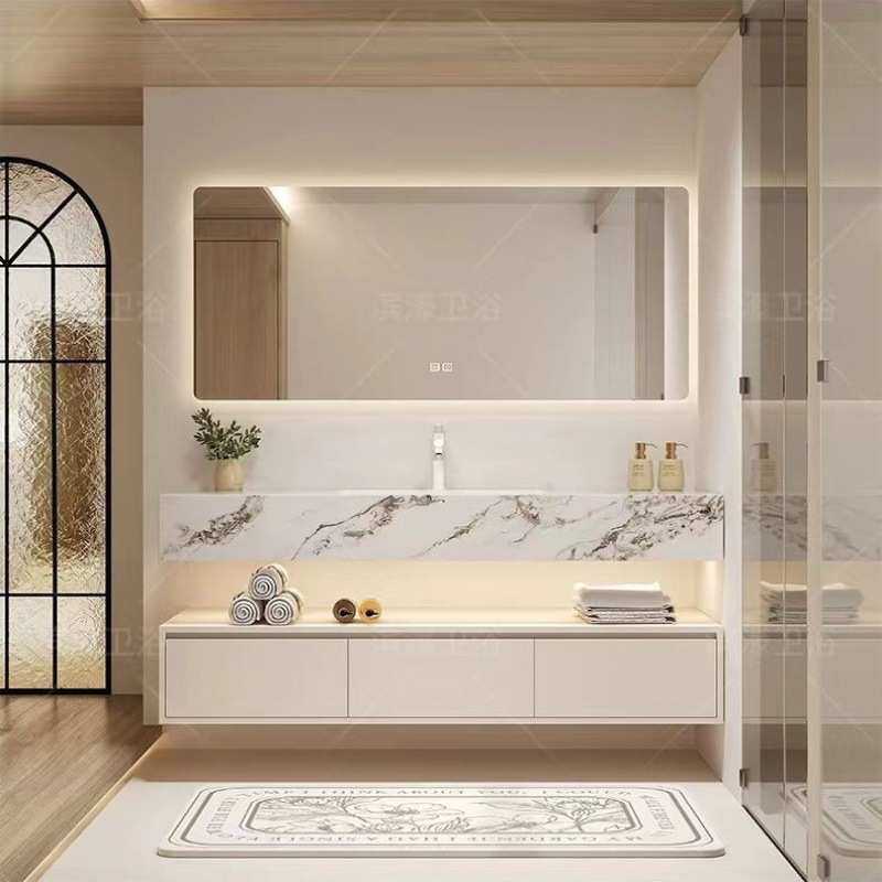 新款酒店风岩板陶无缝一体洗手洗脸盆浴室柜组合洗手台卫生间
