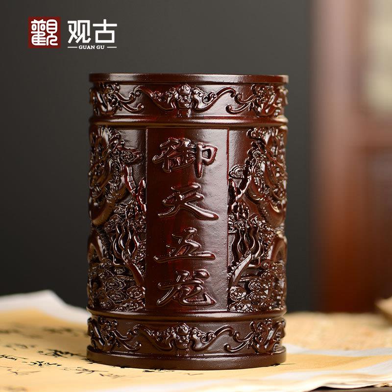 黑檀木雕御天飞龙笔筒工艺品办公室书桌家居客厅木质笔筒摆件送礼