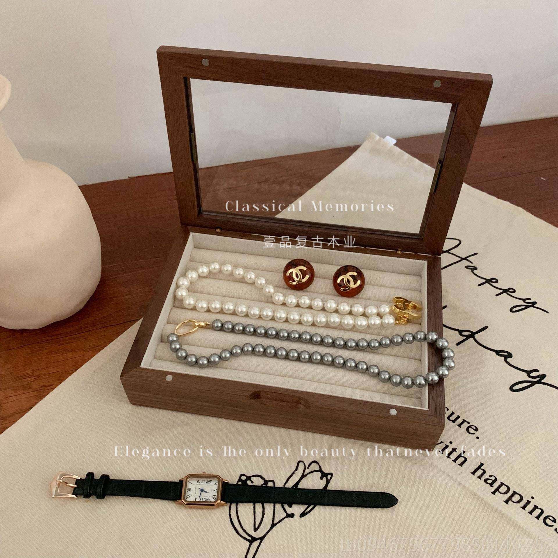 正品胡桃木首饰盒布麻内衬质盒拍照道具木盒项链戒指中古实收木纳