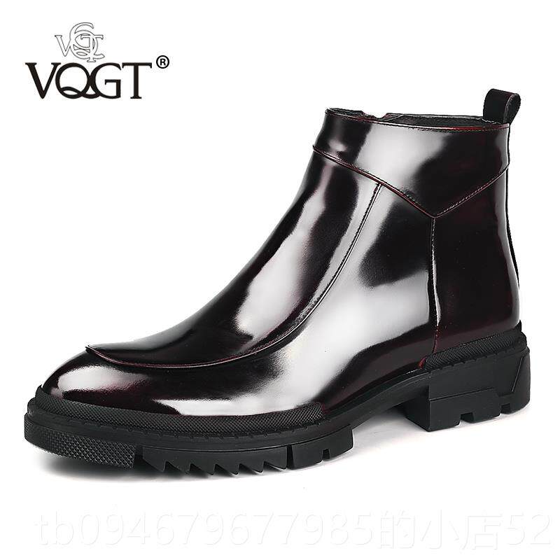 正品Vqgt冬季靴男用天鹅绒真靴漆皮男用皮短靴皮高帮皮皮鞋厚底光