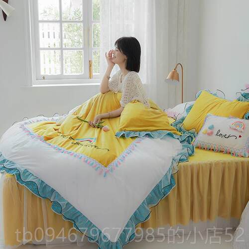 正品冬季少女心主风床裙四件套珊公法瑚绒面兰绒牛奶绒双加绒被套