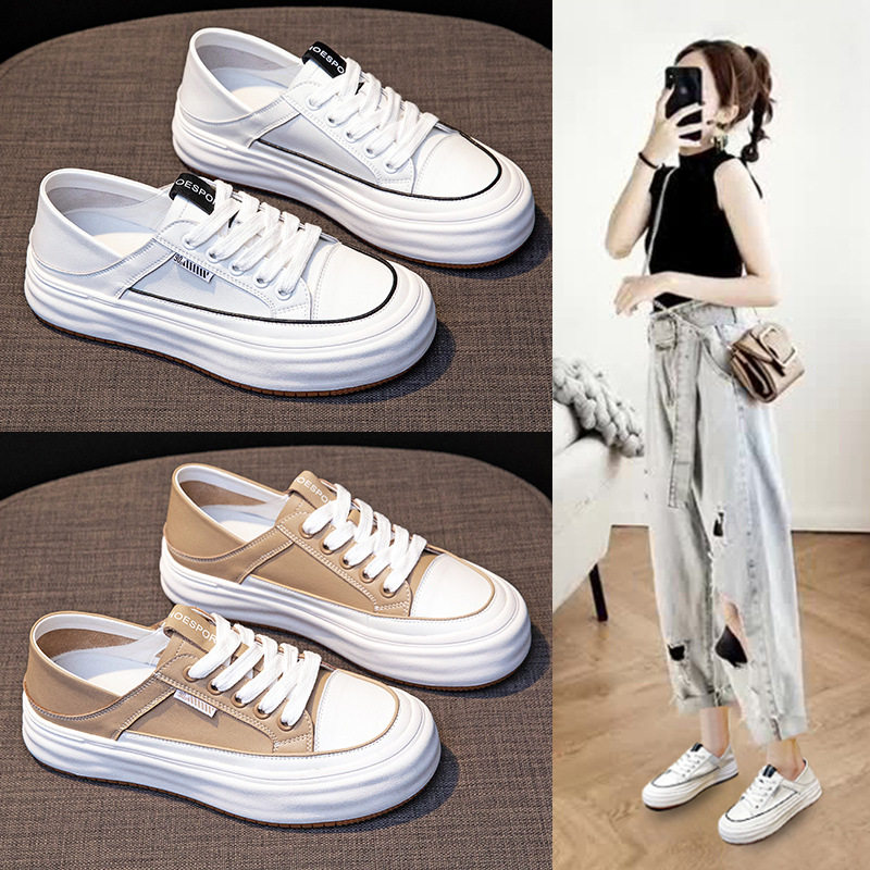 踩跟包头小白鞋女2026春季休闲外穿一脚蹬平底鞋学生厚底系带板鞋