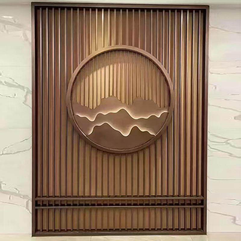 带灯不锈钢屏风山水画隔断假山金属景墙圆形山水玄关装饰花格