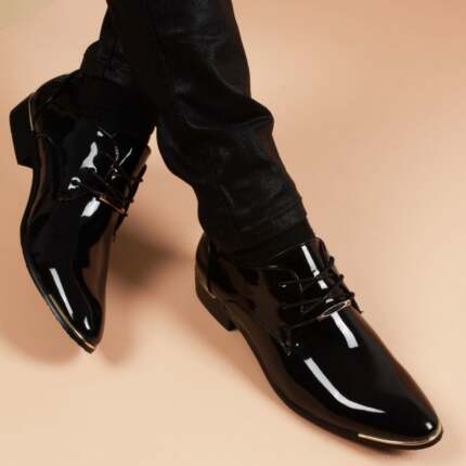 高档夏季正装皮鞋男亮皮韩版尖头商休增闲真高潮发型务师皮英伦工