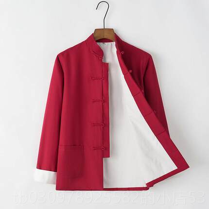 高档纯棉男士唐装袖长外套中服装春老粗布汉服男长秋衫居士式服中