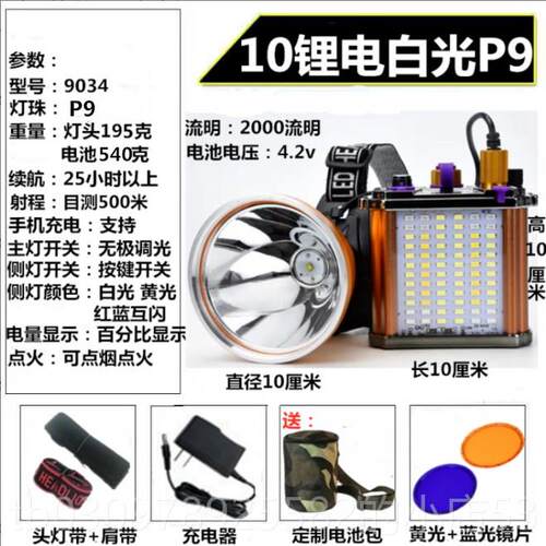 高档ed头超l亮灯P90强光锂电充电远射钓头鱼大光斑戴式手电筒氙气