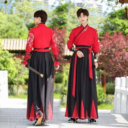 高档中国风格原创色汉代统传长袖少年古装武士学刺客导生黑武术演