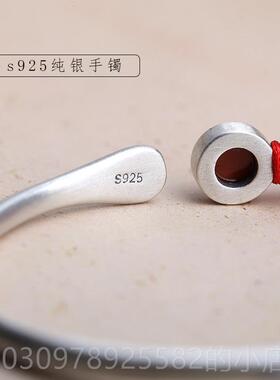 高档文艺25纯细9众手镯亚光实银心开口镶嵌南红玛瑙小设计中式手
