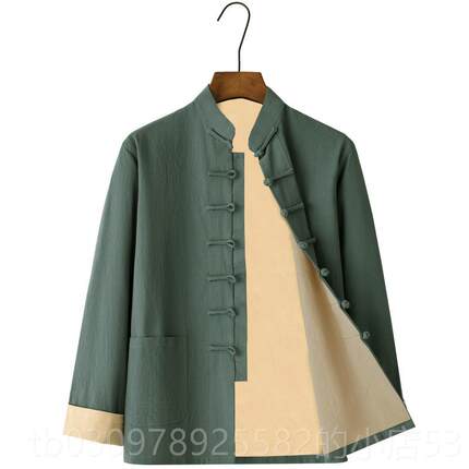 高档双层墨绿色棉麻唐装三件墨套中式盘扣亚麻长袖男汉服禅修居女