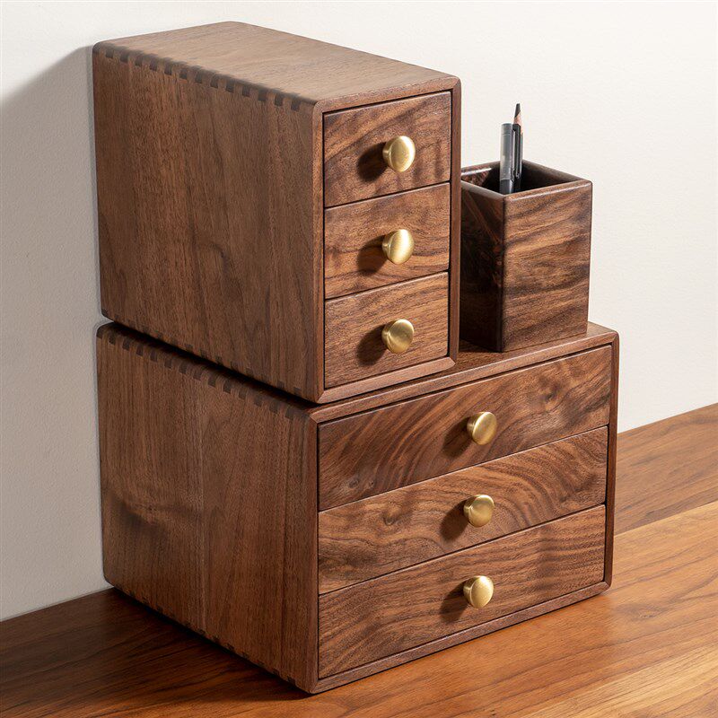 黑胡桃木玄关桌面收纳盒多层抽屉储物盒办公书桌小物件收纳柜小号