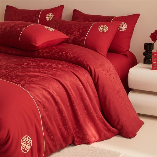 中式高档提花结婚四件套大红色床单被套新婚喜被婚房婚庆床上用品