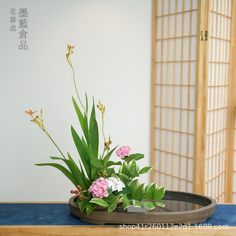 手工紫砂椭圆特大写景水盘花器禅意中式日式插花器皿小原流风格