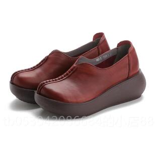 正品9853酒厚妈底包鞋软底真皮妈鞋糕鞋皮鞋红民族风覆古原松创中