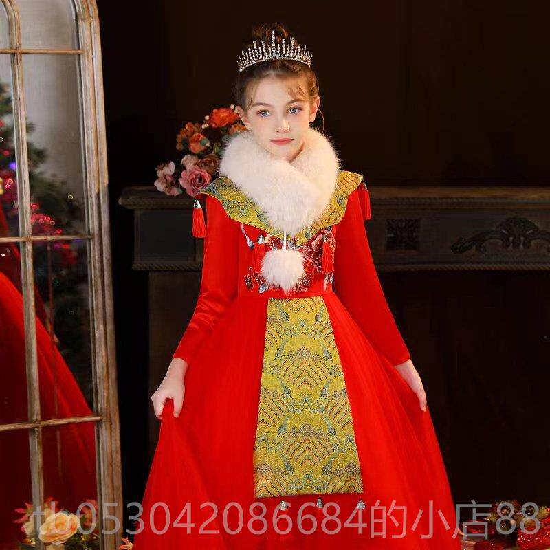 正品儿童晚服高端红色琴钢古国筝礼演奏服装女大童国潮中走秀演出