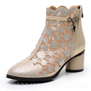 正品短靴女春秋真单靴尚带钻网纱妈妈鞋中跟皮跟粗洋气靴时子女士