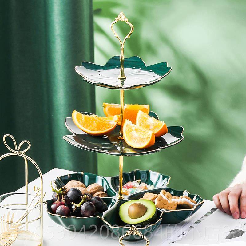 正品型陶花瓷多层网水盘蛋糕盘甜品台摆件干果点红心糖果盘客厅果