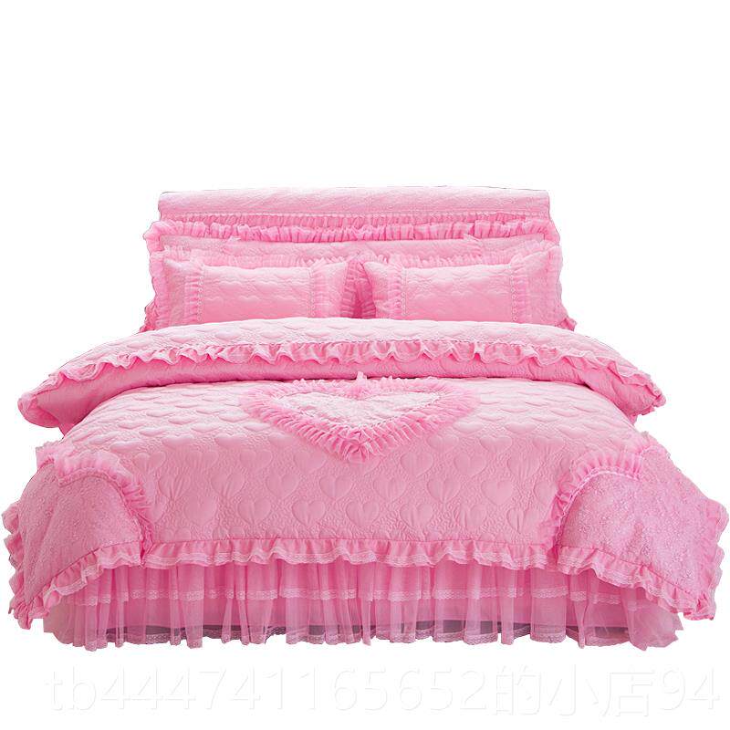 高档韩婚庆公主风四棉床裙款件套蕾版丝纱花边床罩夹加厚1.8m床上