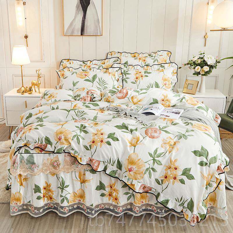 新款全棉夹用棉棉加厚床裙款四件套纯韩版蕾丝印花床罩双人被套床