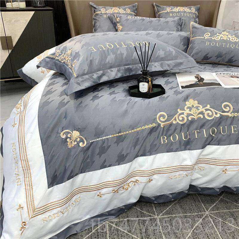 新款轻奢风贡缎提花棉四套简刺约绣全棉被套床笠欧式冰丝床上纯用