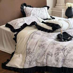 时光独白法式数码印花公主风全棉床上四件套复古拼接花边被套床单