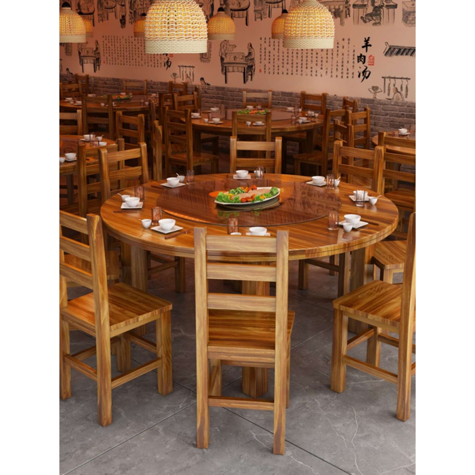 实木圆桌碳化饭店桌椅组合面馆小吃店烧烤饭馆大排挡快餐桌椅圆J&