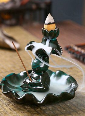 新款陶瓷青蛙倒流香炉蓝色釉荷叶线香香插香座室内家用香薰摆件