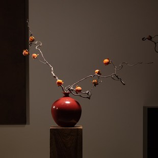 新中式干支插花复古陶瓷红色花瓶客厅玄关侘寂风宋代美学装饰摆件