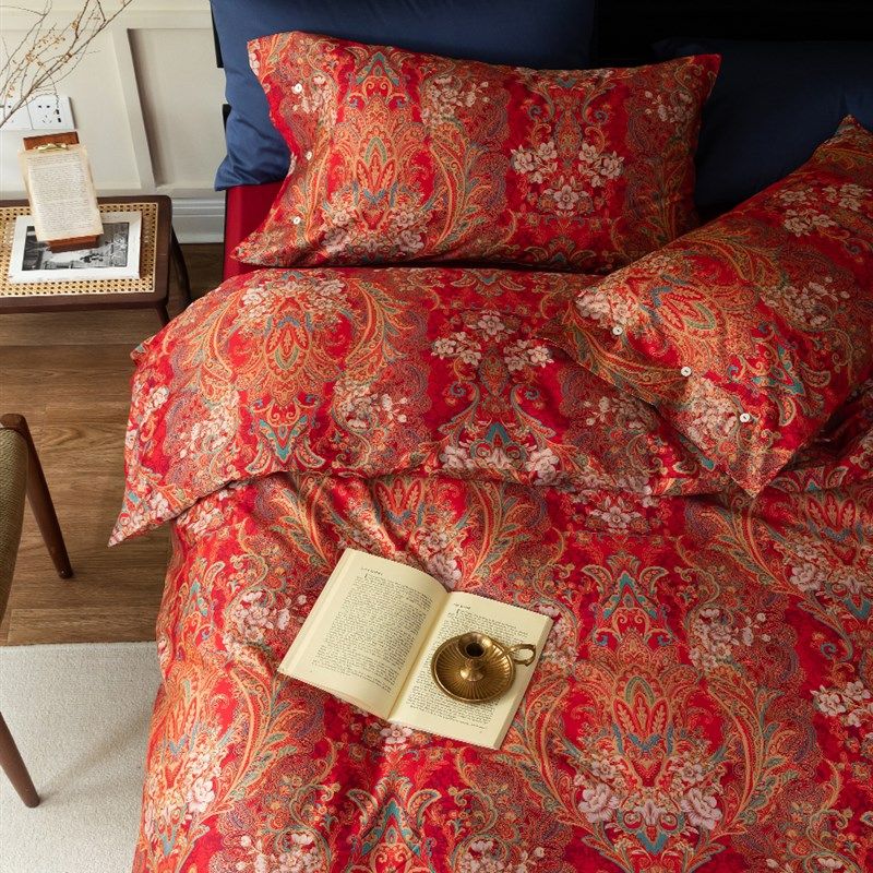 中式婚庆长绒棉贡缎四件套大红色喜被60支纯棉结婚房欧式床品被套