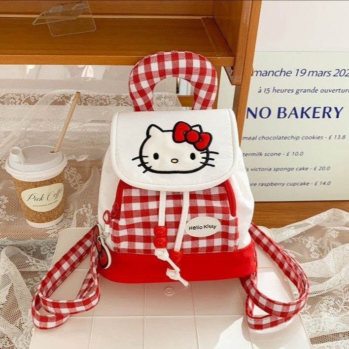 可爱红色格子小猫抽绳收纳心双肩包2025新款个性出街背包