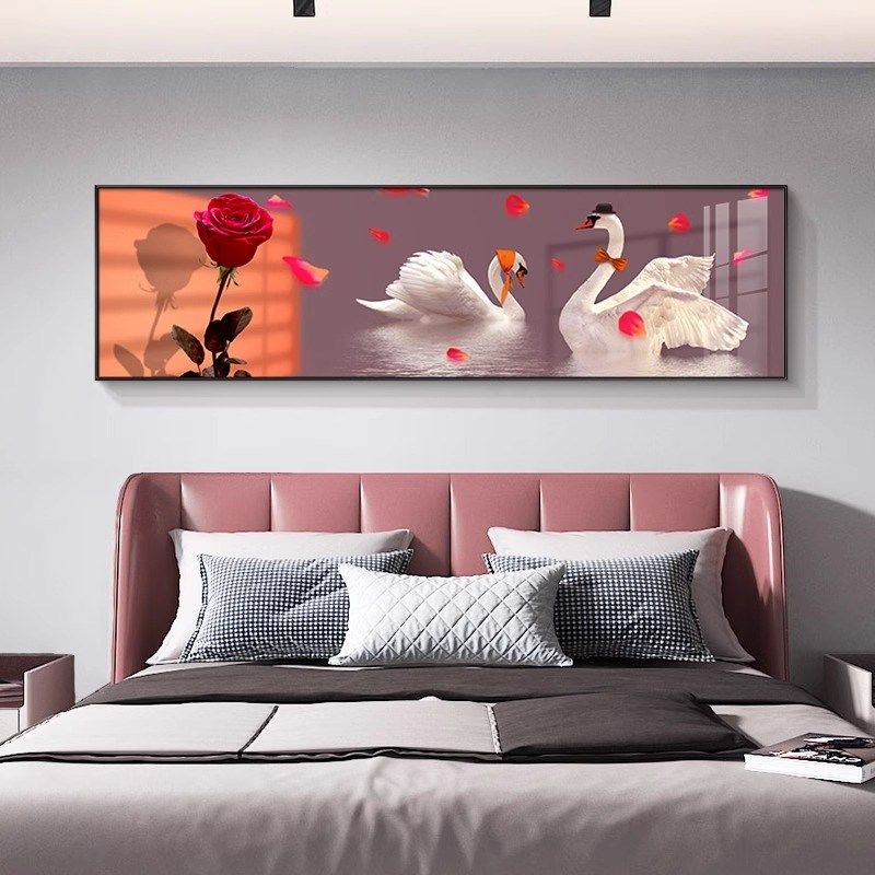 幸福天鹅卧室床头装饰画轻奢高级感背景墙壁画横版好寓意沙发挂画,家居饰品,现代装饰画,淘宝优惠券,粉丝福利购,淘宝优惠卷