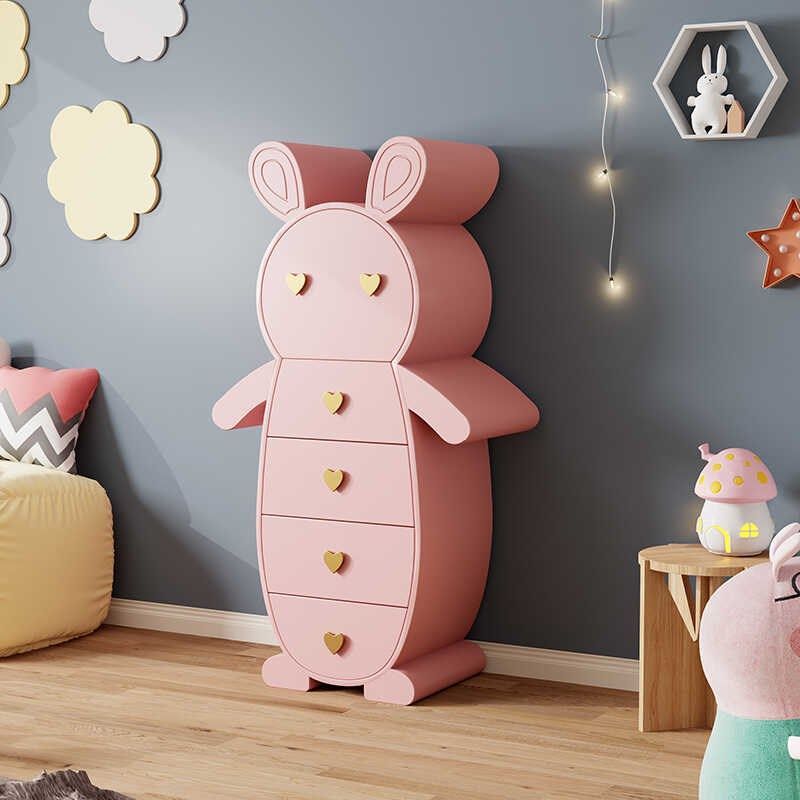 中古风五斗柜轻奢实木卧室储物斗柜现代极简兔子柜蓝色粉色创艺柜