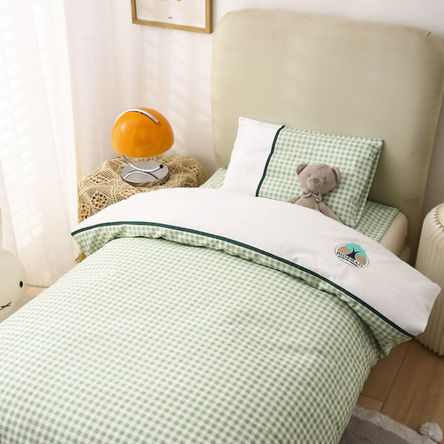 幼儿园被子三件套纯棉拼接刺绣园标logo含芯全棉双胆被格子六件套