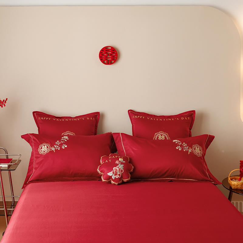 新喜中式轻奢刺绣花结婚庆全棉KADOU四件套10S纯棉红0陪床嫁上被