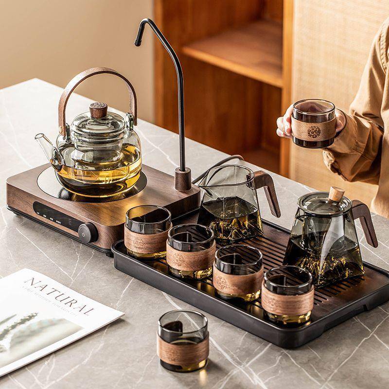 电陶炉茶器水盘一体全自抽动2025跨境茶具套装家用玻璃茶壶烧茶水