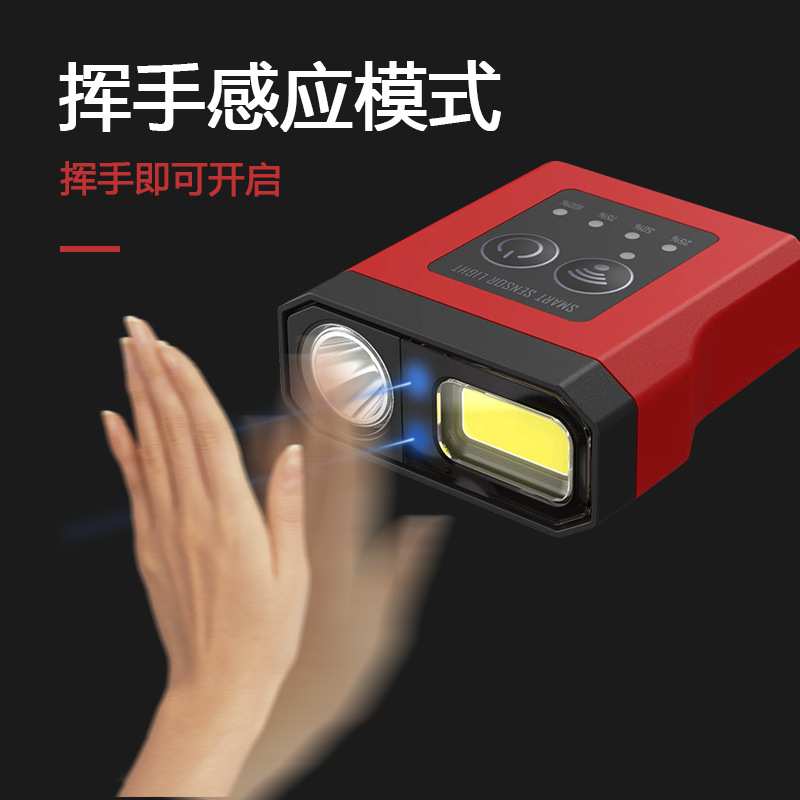 新款感应帽夹灯 LED+COB白红光双光源钓鱼头灯户外露营TYPE-C充电