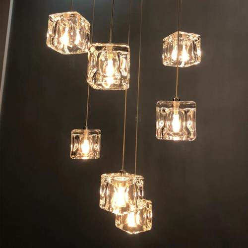 方块楼梯水晶灯长吊灯现代简约客厅灯餐厅灯复式楼别墅旋转楼梯灯