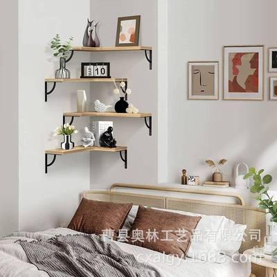 乡村墙转置物架客厅壁式浮动隔板木挂制角置物架浴上室墙壁202205