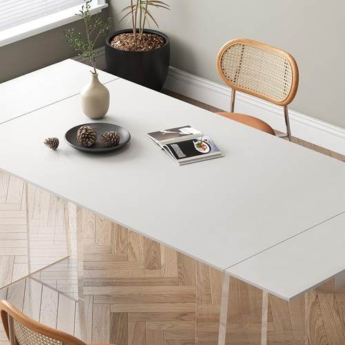 德利丰亚力岩伸缩餐桌纯克白小简户型现代约奶油风透明板多99863