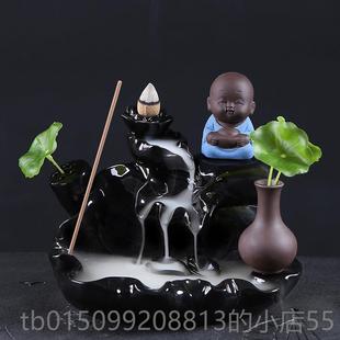 正品提宇轩茶宠摆新款倒流香炉创意菩树下荷 塘小和尚陶瓷家居件
