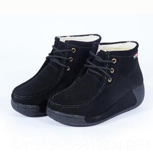 正品真皮高帮鞋底坡跟棉女鞋妈妈轻便适短靴中加跟加厚绒棉鞋秋冬